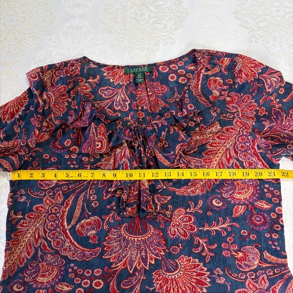 Lauren Ralph Lauren Ruffle Front Paisley 100% Cotton Blouse Size Large - Picture 7 of 8